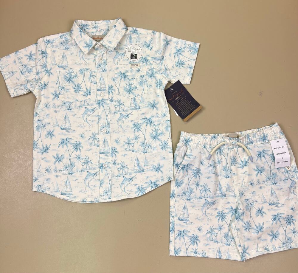 Weatherproof Vintage Boys 2 Piece Shirt Shorts Set Size 5 Blue Tropical NWT